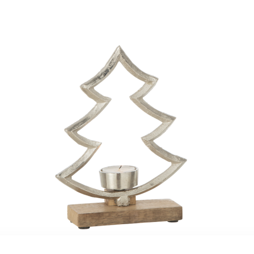 Bougie sapin sur base bois/alu argenté M
