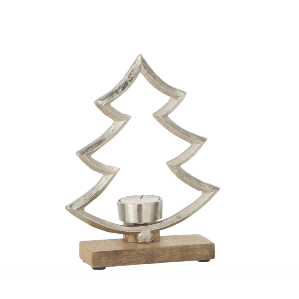 Bougie sapin sur base bois/alu argenté M